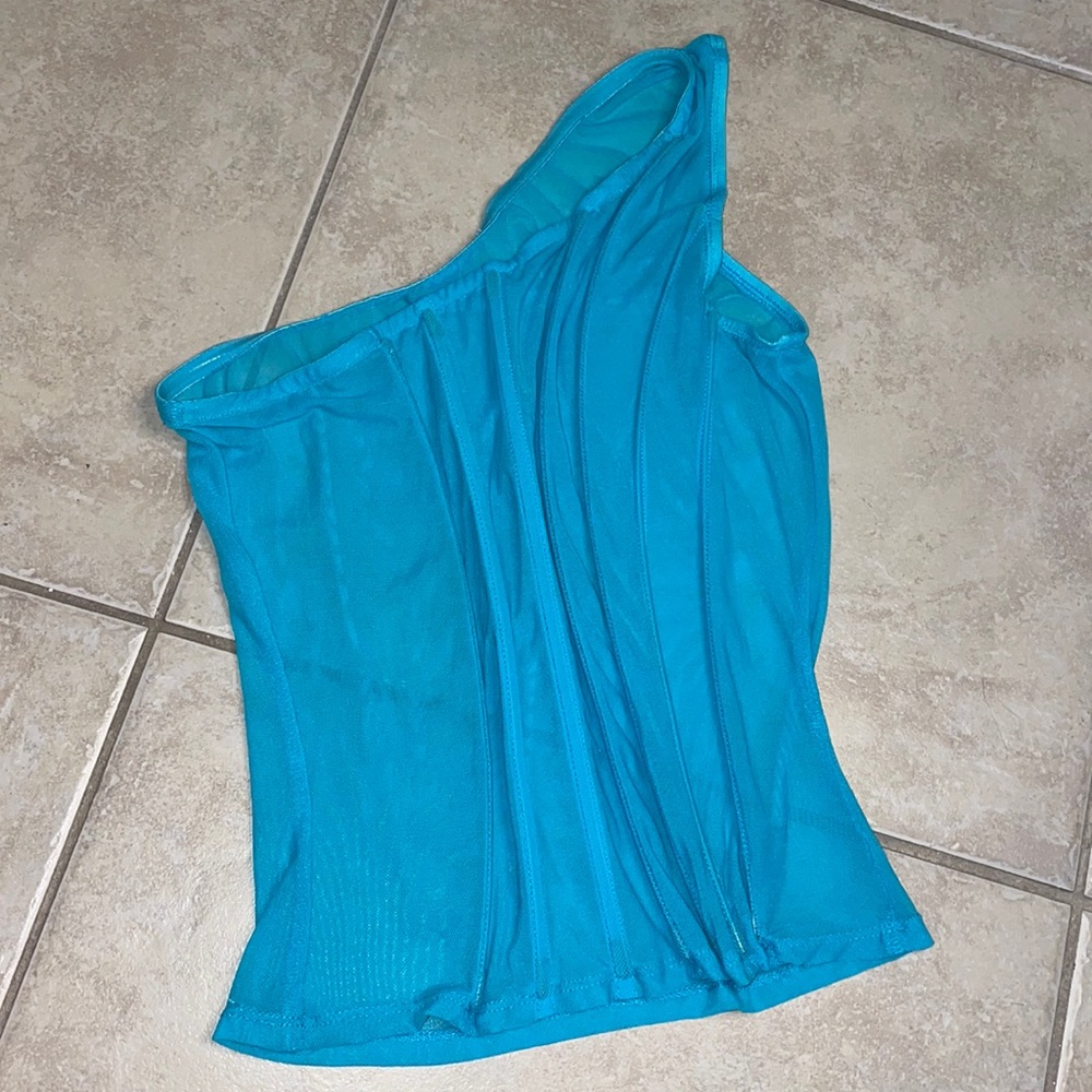 Turquoise Sheer Mesh One Shoulder Corset Long Top